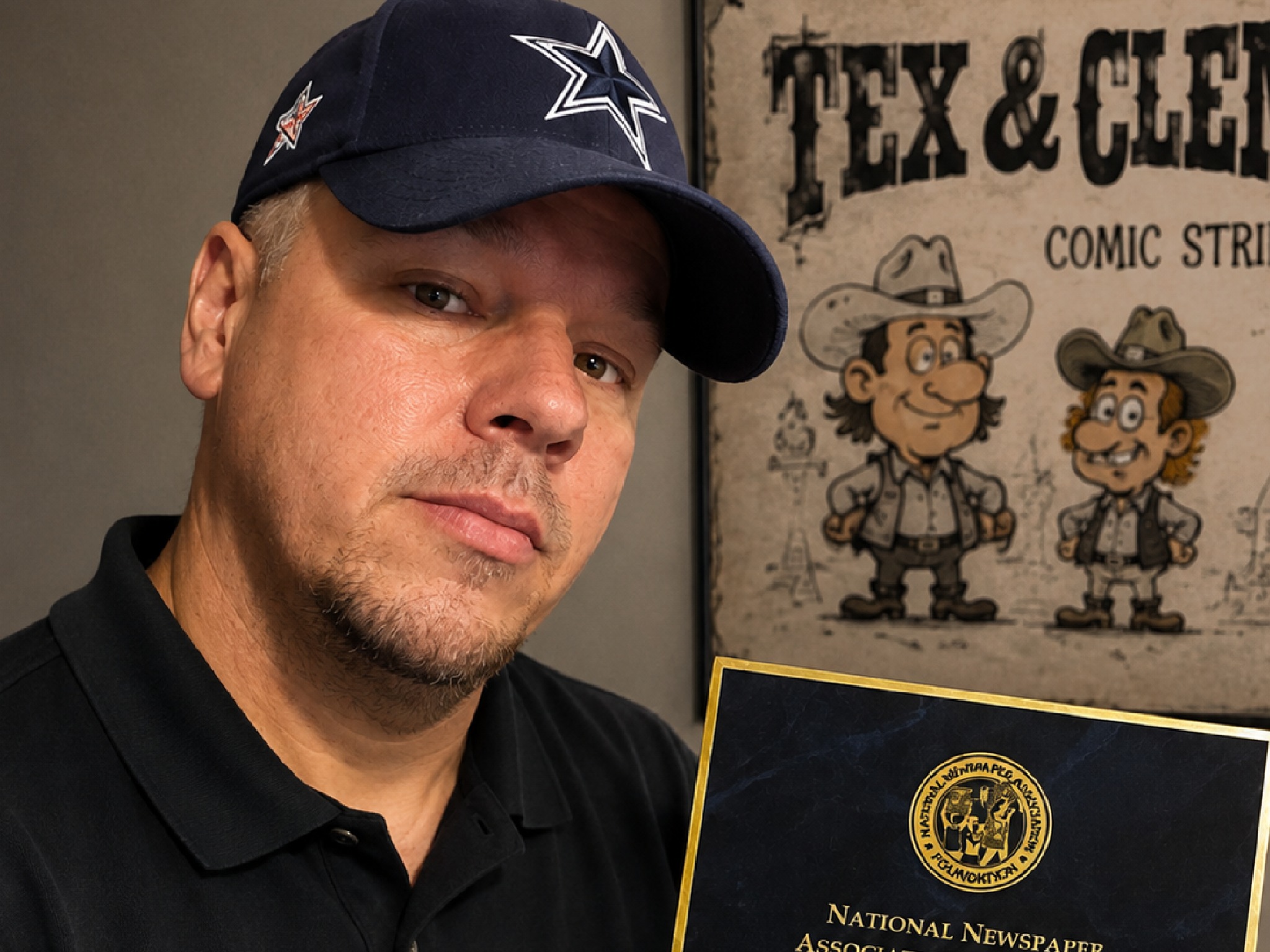 Jim Cox portrait with his NNAF First Place award and Tex & Clem artwork