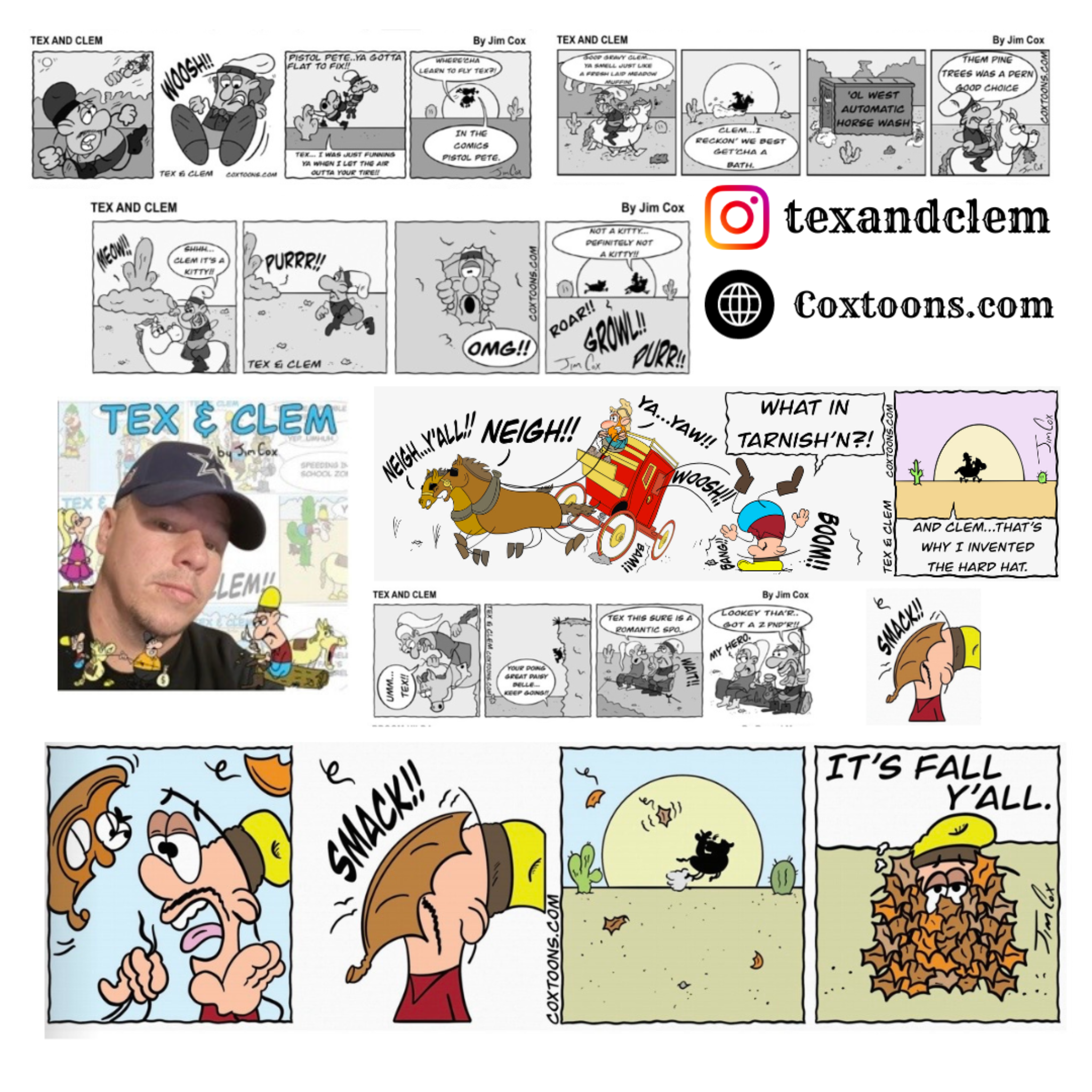 Collage of Tex & Clem comic strips, Jim Cox portrait, and social media graphics for texandclem on Instagram and Coxtoons.com