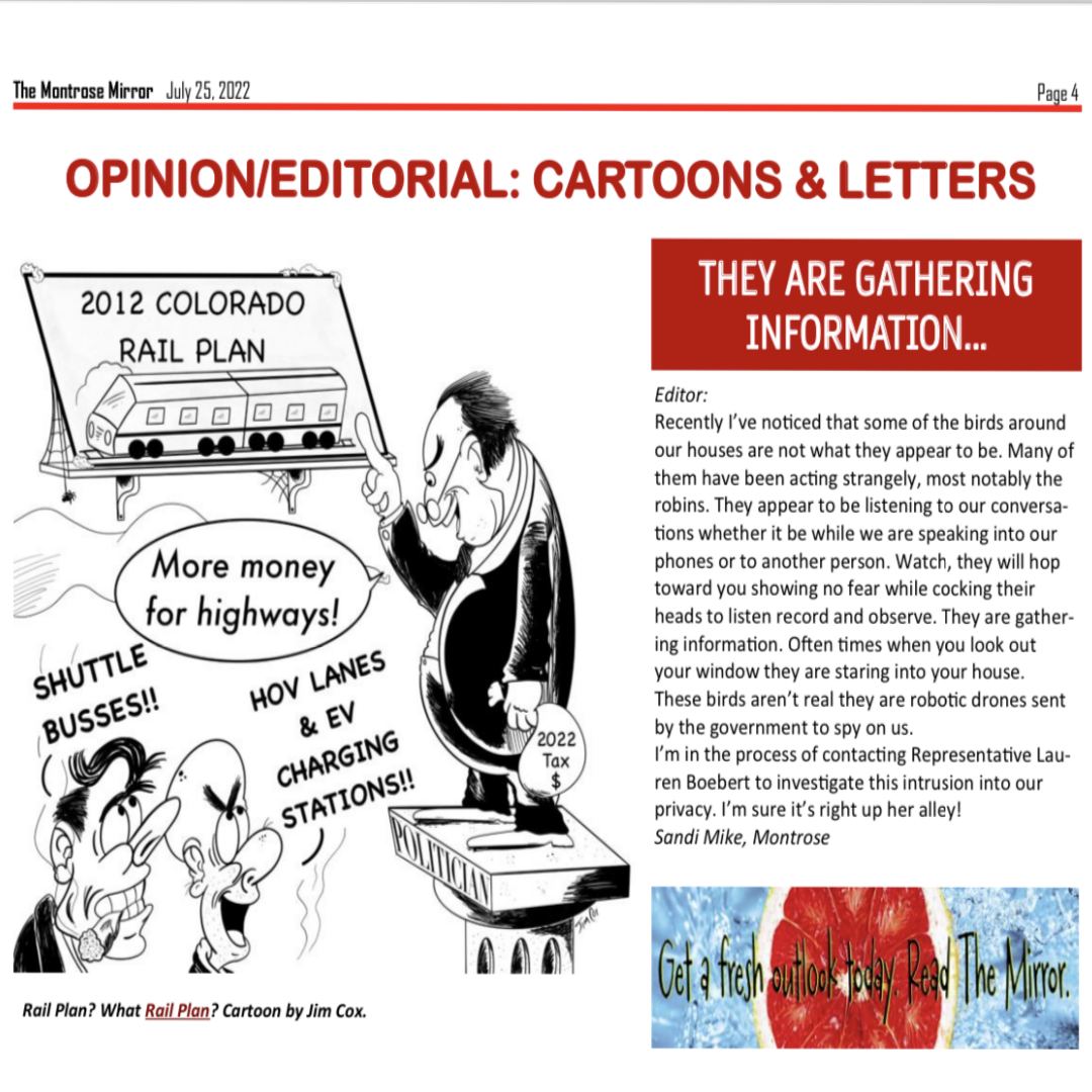 Jim Cox editorial cartoon published in The Montrose Mirror's Opinion/Editorial page, Cartoons & Letters section