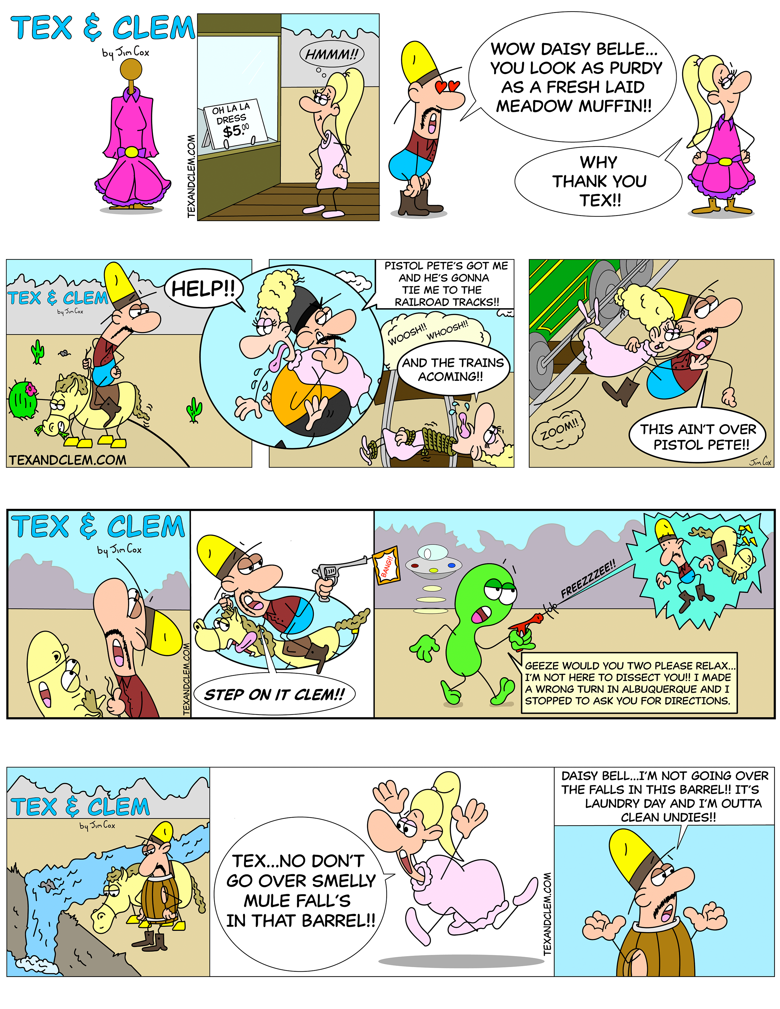 Tex and Clem comic strips by Jim Cox