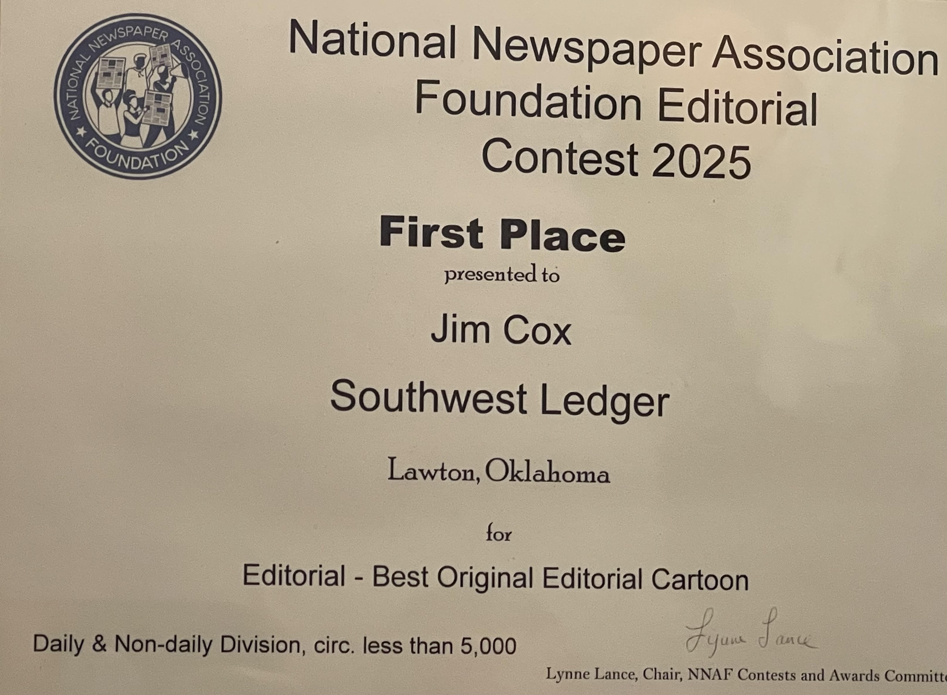 National Newspaper Association Foundation Editorial Contest 2025 First Place certificate, presented to Jim Cox, Southwest Ledger