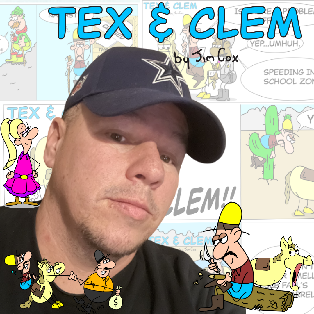 Jim Cox with Tex and Clem comic strip artwork